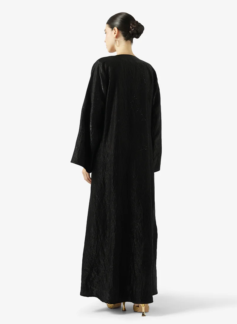 hayas closet Floral Embellished And Embroidered Open Front V Neck Abaya